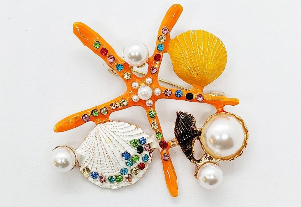 Elegant Coastal Starfish & Seashell Brooch with Faux Pearls, Colorful Crystal Accents and Orange Enamel – Vintage Style Fashion Pin